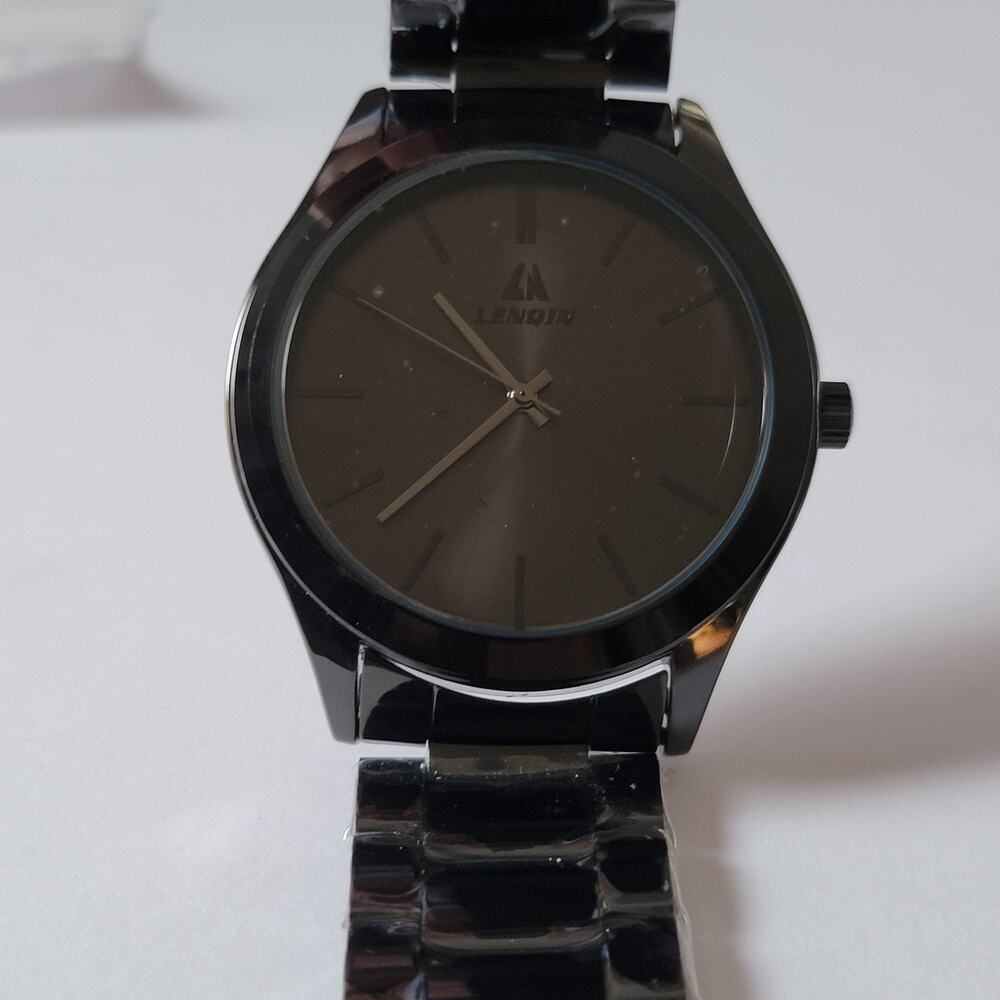 Lenqin Mens Black Stainless Steel Quartz Watch Analog 5ATM Dress Necklace